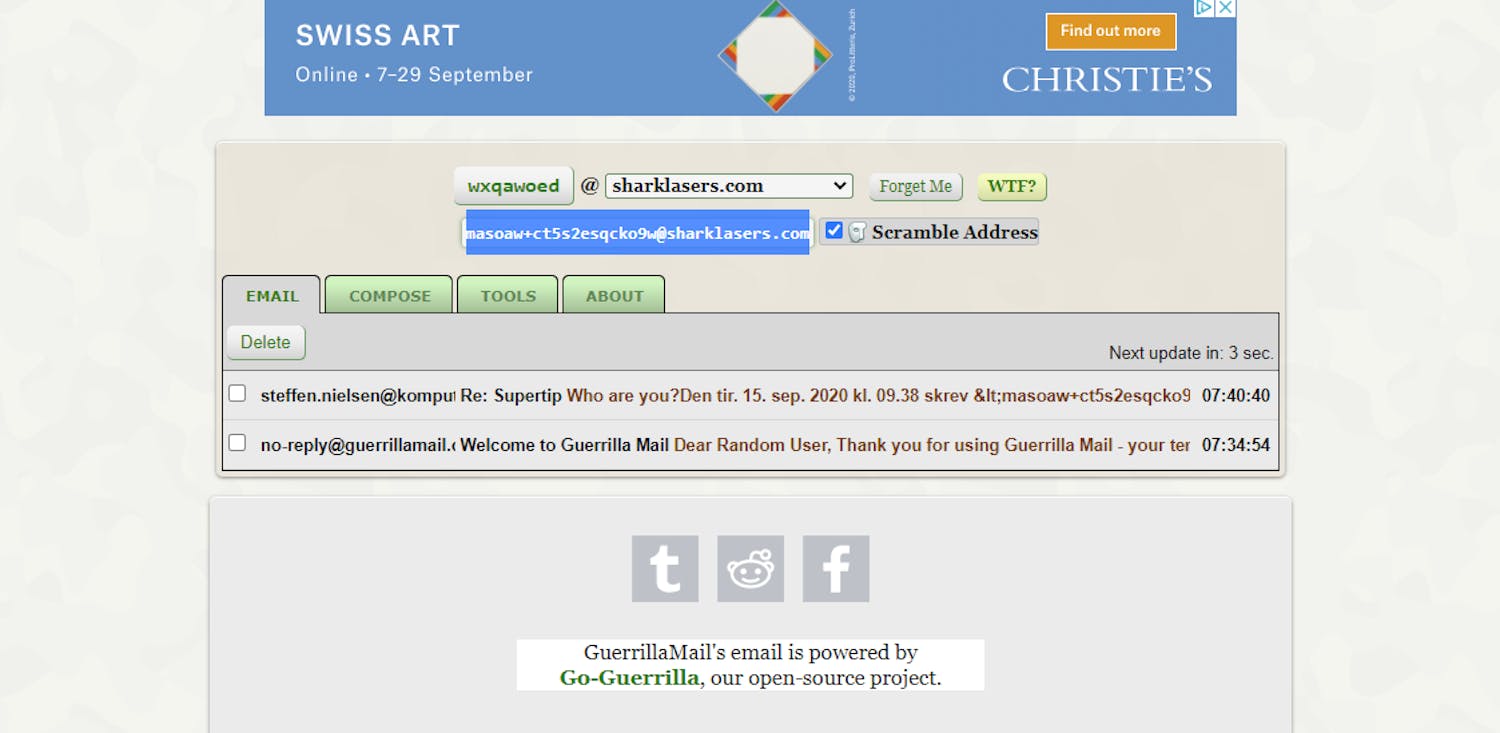 Så lenge du har nettleservinduet åpent, kan du også få svar på anonym epost i Guerilla.